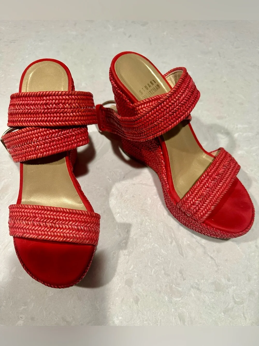Stuart Weitzman Encore raffia espadrille wedges,woven texture gold-tone buckle